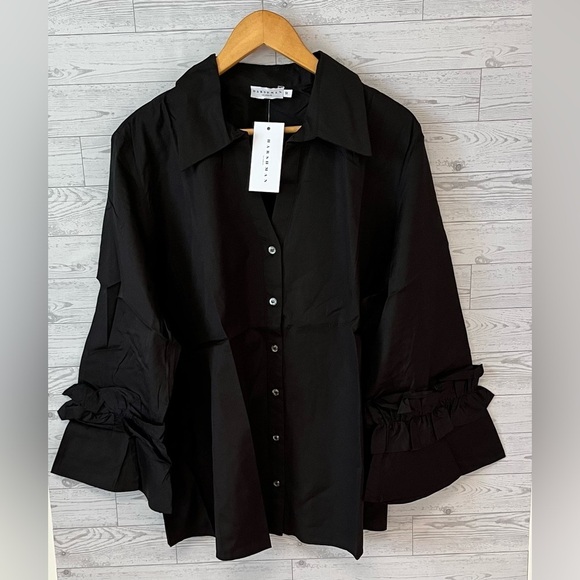 Harshman Women's Size 1X Selina Ruffle-Trim Button Front Cotton Shirt Black - Picture 3 of 11